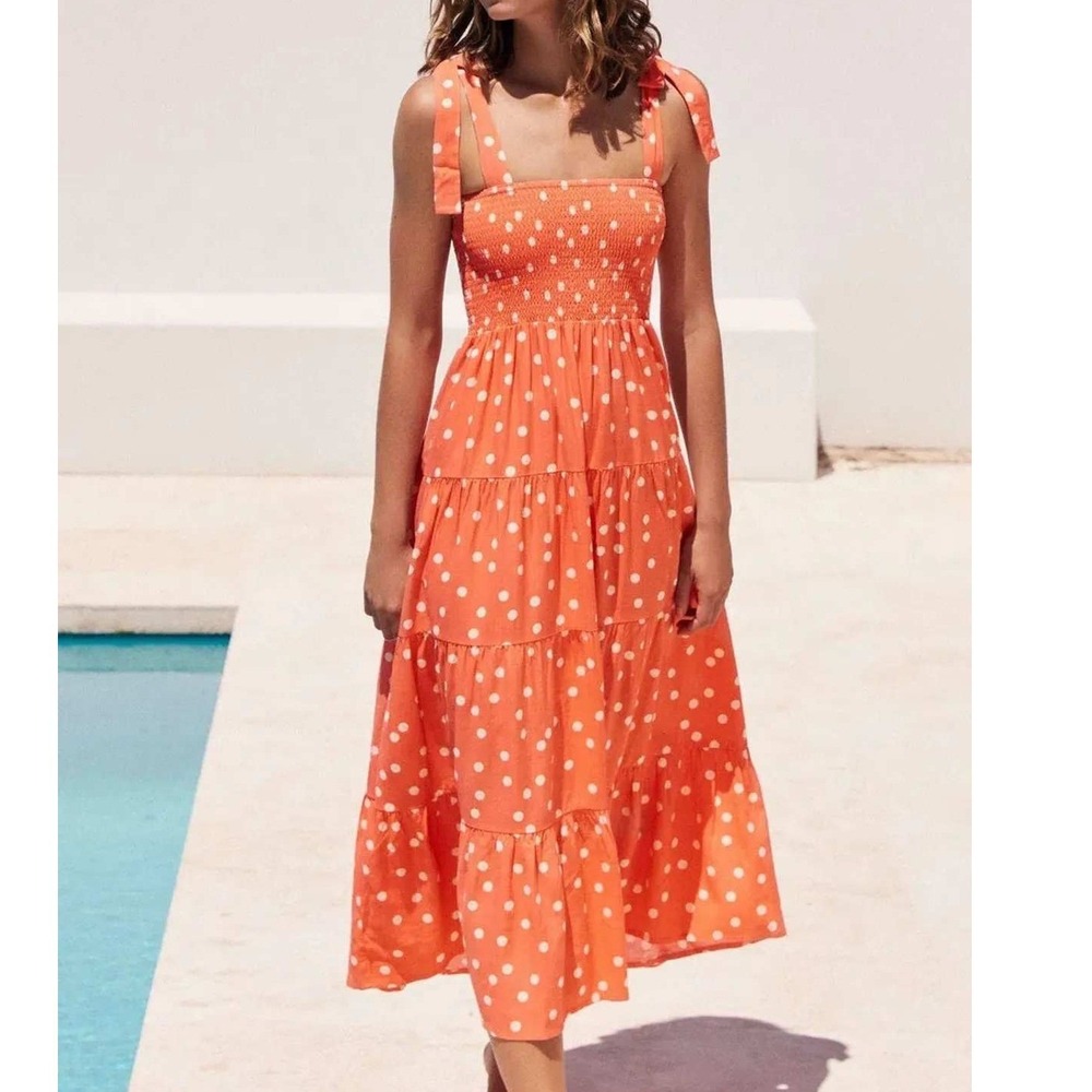 Mister Zimi Polka Dot Maxi Dress Size 6 Coral Orange Tiered Smocked Tie Beach